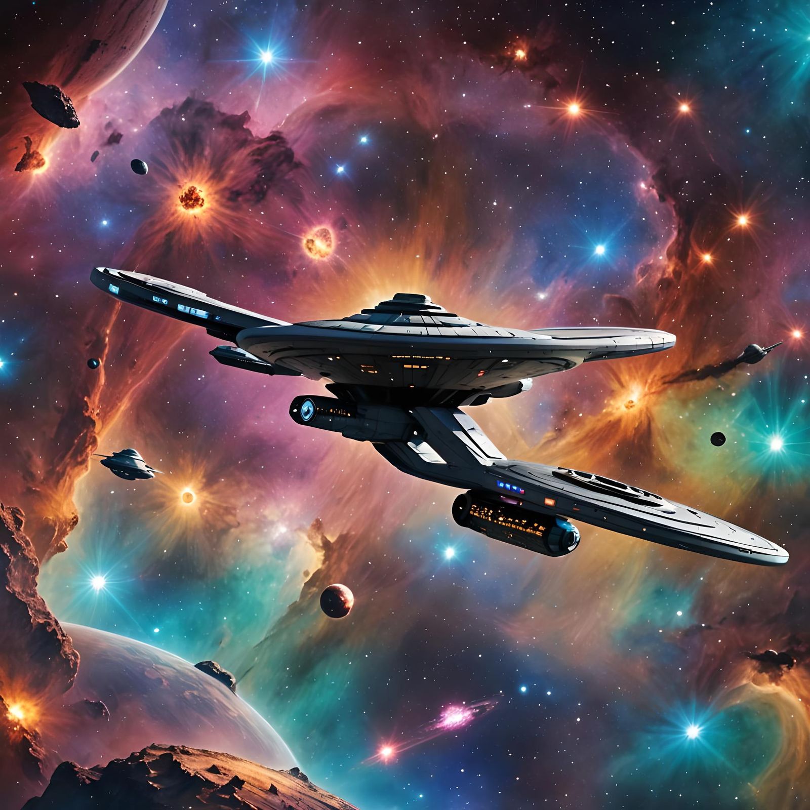Futuristic USS Enterprise Near Colorful Nebula