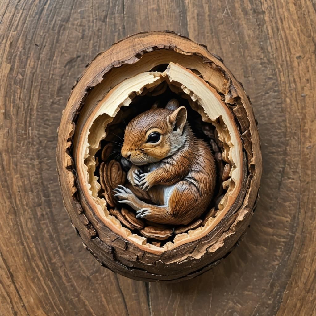 Baby Squirrel Sleeping in Walnut Shell: Acrylic Painting