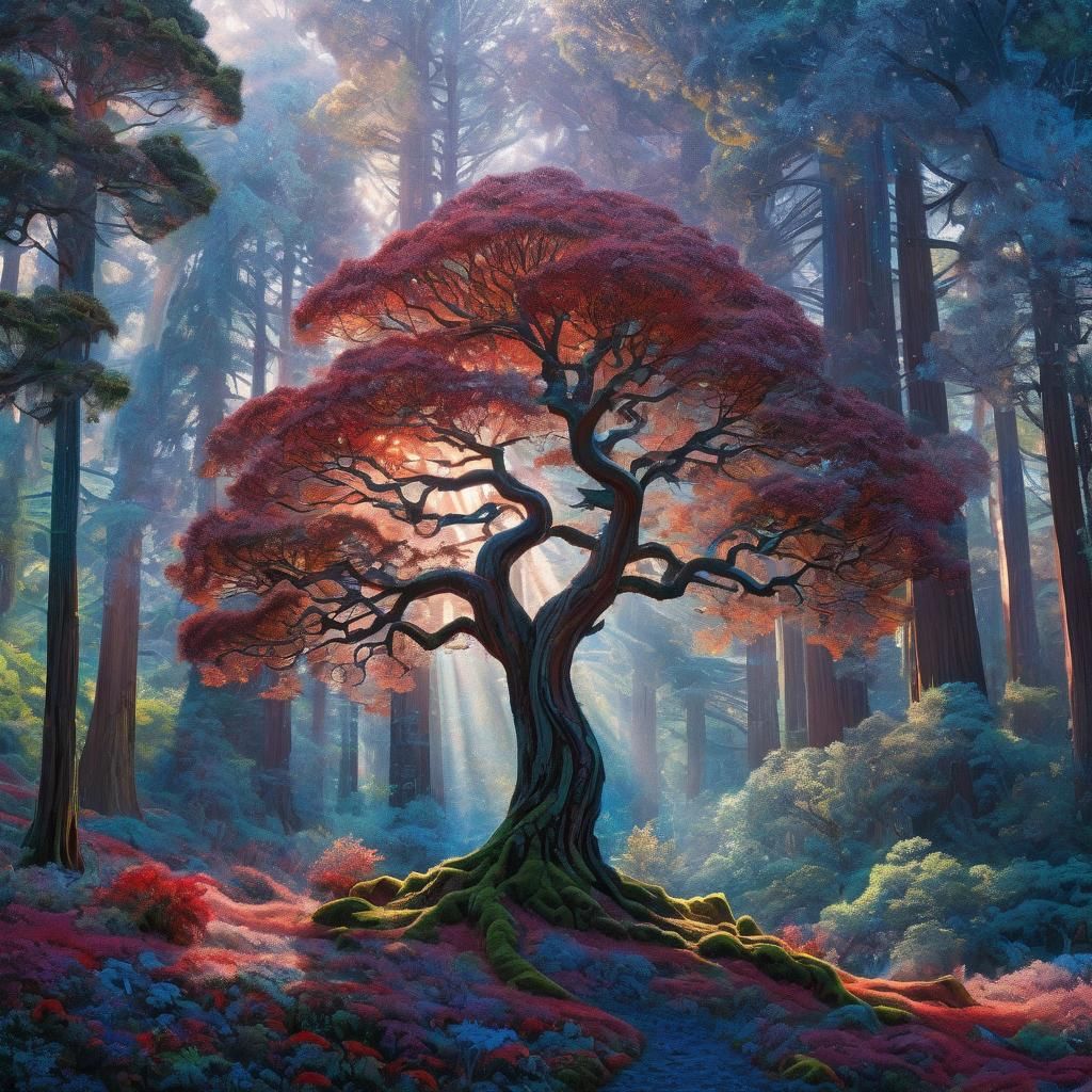 Ethereal Dreamscape Mosaic with Redwood Tree