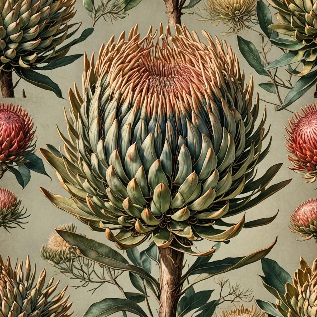 Botanical Illustration of Dried Pincushion Protea