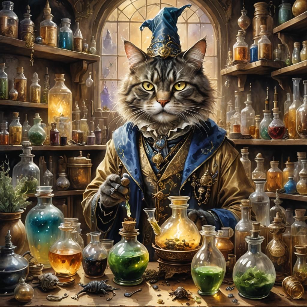 Cat Wizard Potion Lab in Watercolor Oil Style