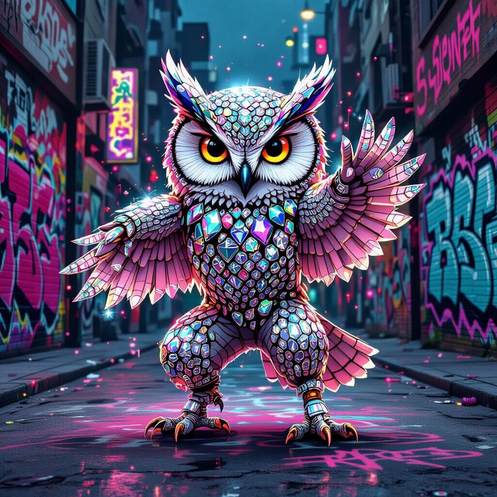 Diamond Owl Breakdancing in Graffiti Streetscape