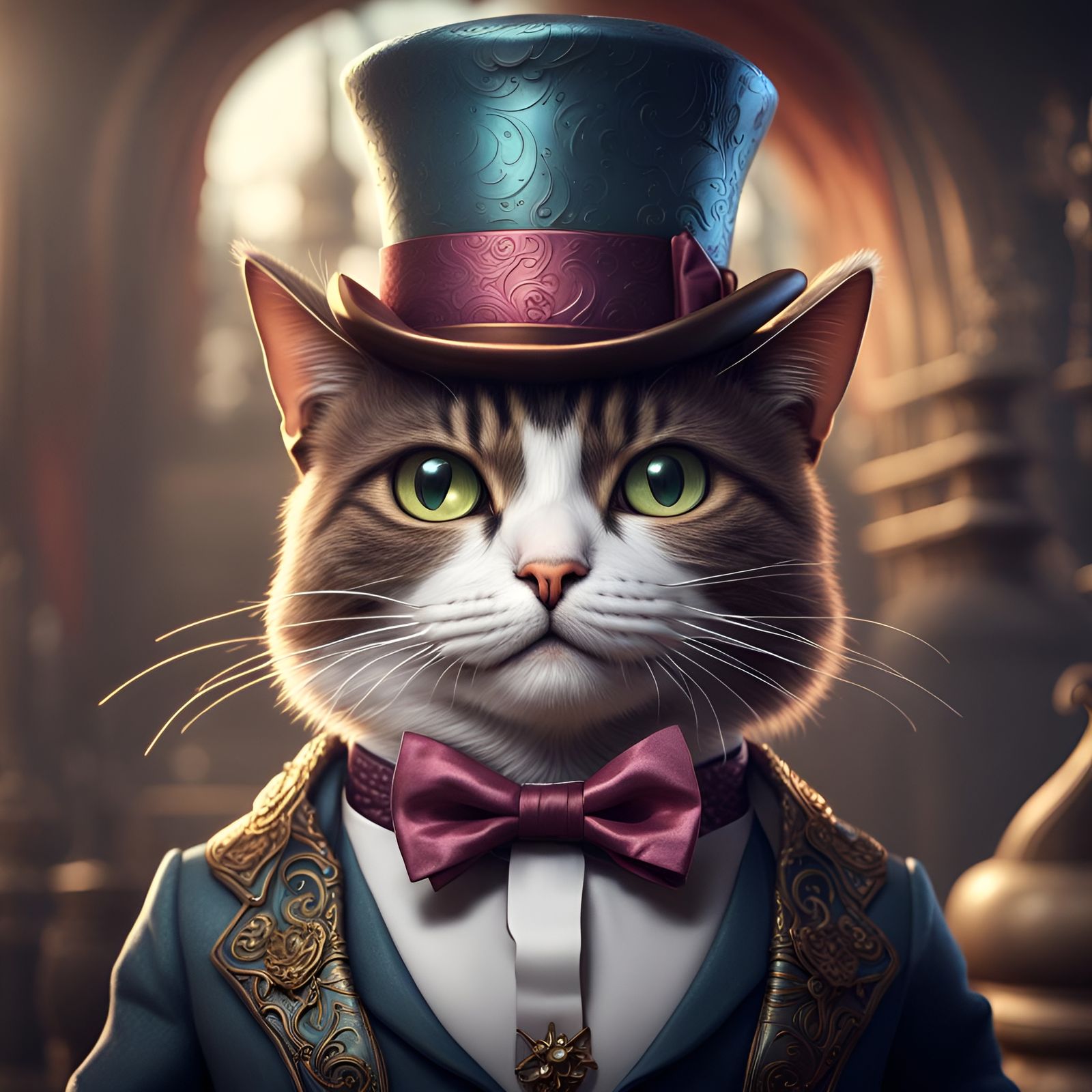 Dapper Cat in Top Hat: Detailed Digital Painting