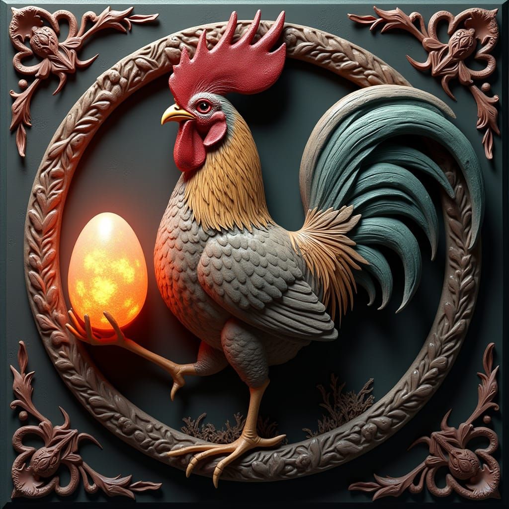 Majestic Hen Bas Relief in Iridescent Egg