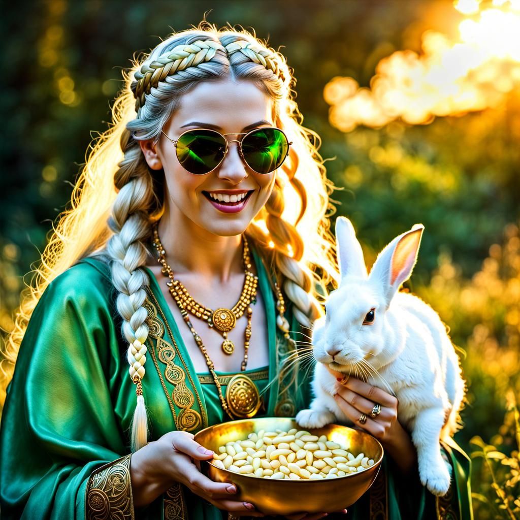 Freyja Feeds Rabbit in Dreamlike Fantasy Art