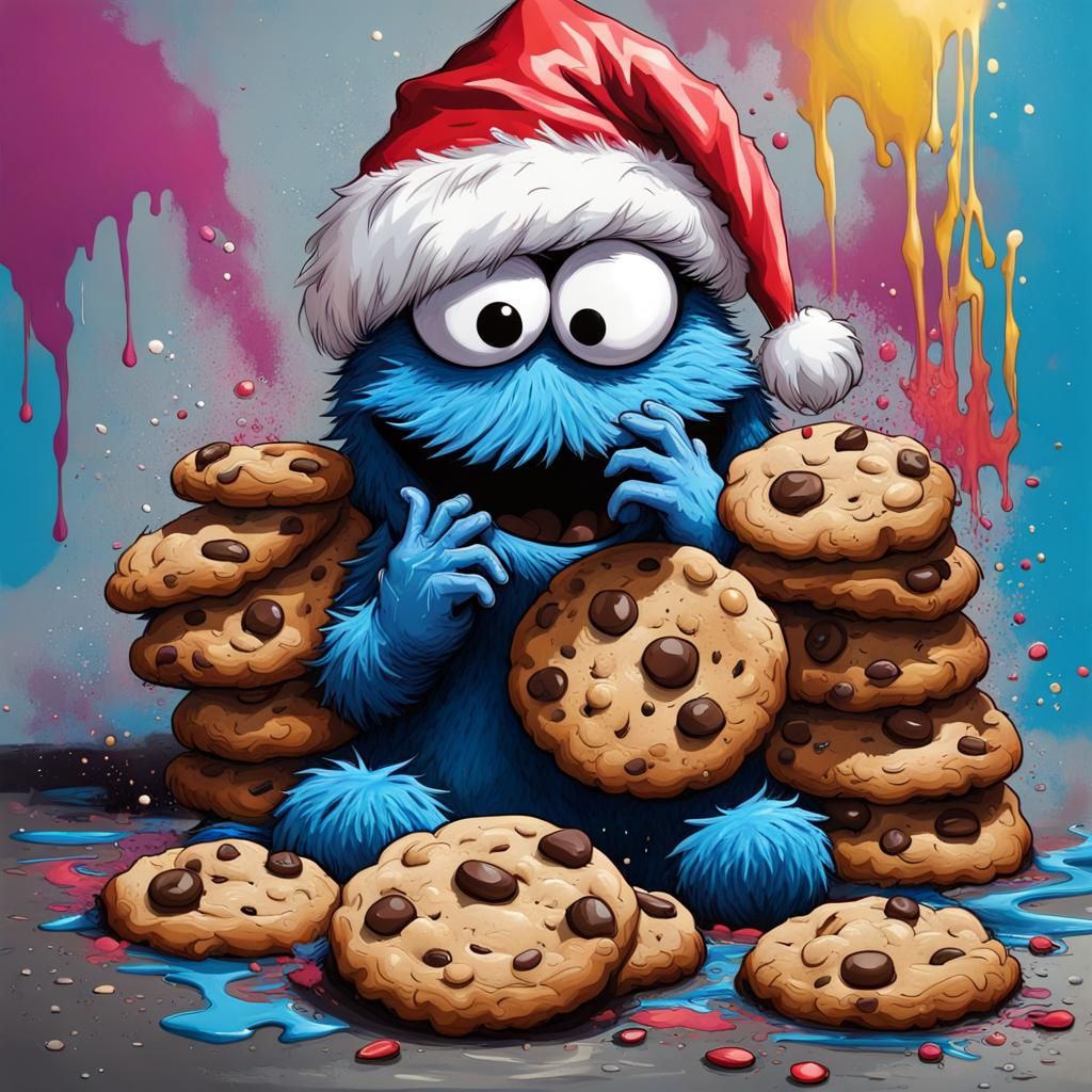 Cookie Monster Celebrates Christmas: Graffiti Art