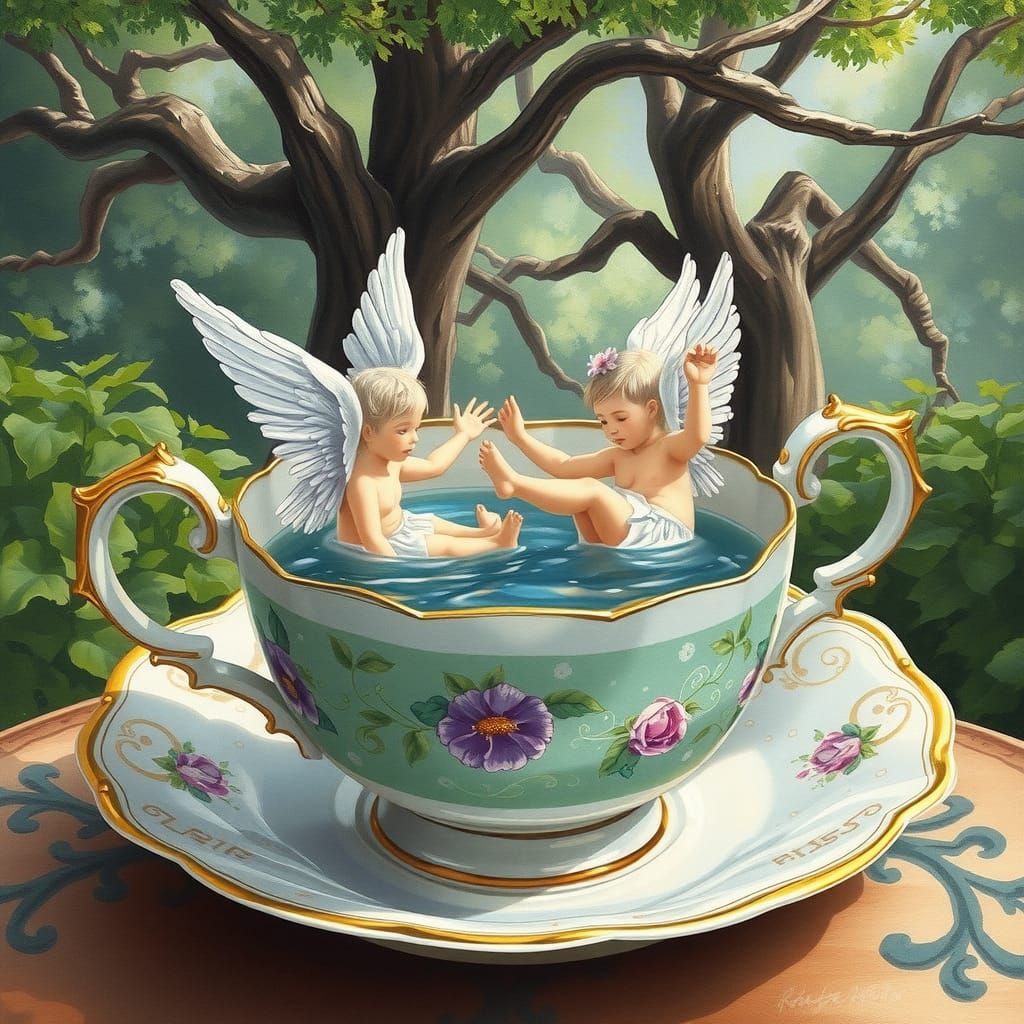 Angels in Teacup: A Fantasy Watercolor Scene