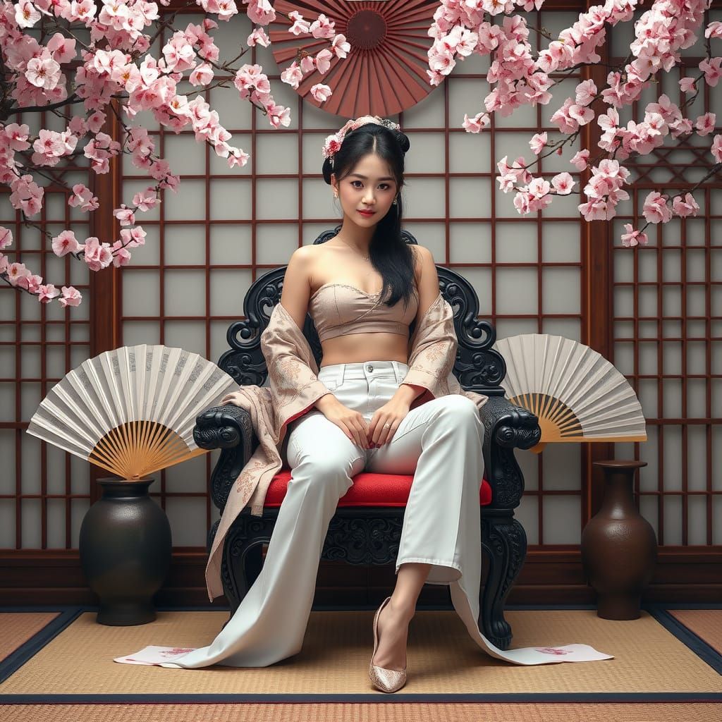 Geisha in White Jeans Among Cherry Blossoms