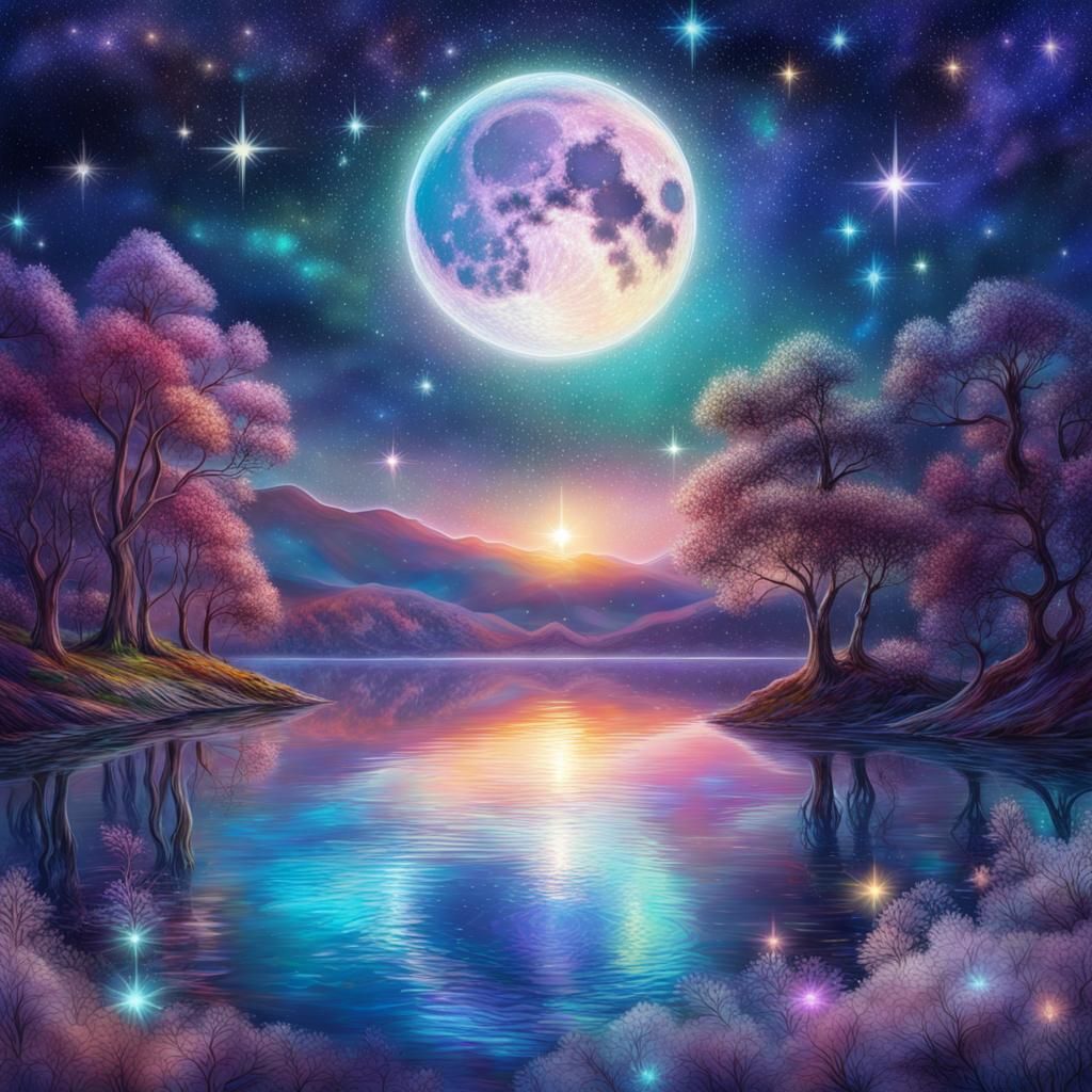 Romantic Starlit Lake: Holographic Cosmic Illustration