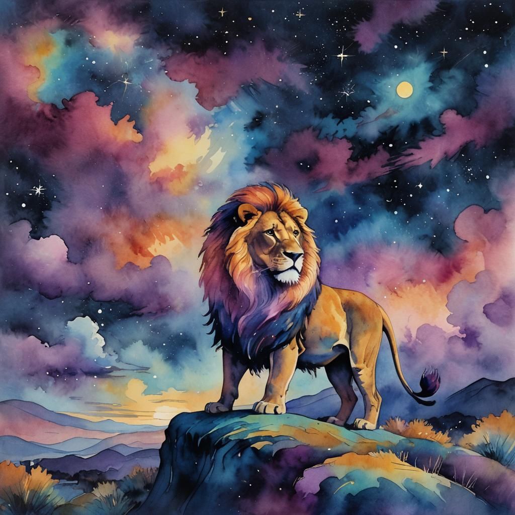Glowing Lion in Starry Sky: Watercolor Dreamscape