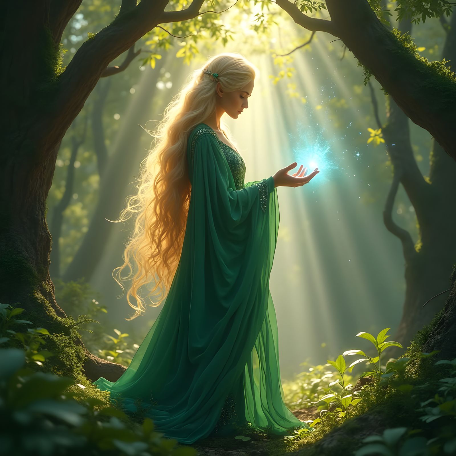 Ethereal Elven Sorceress in Art Nouveau Fantasy Scene