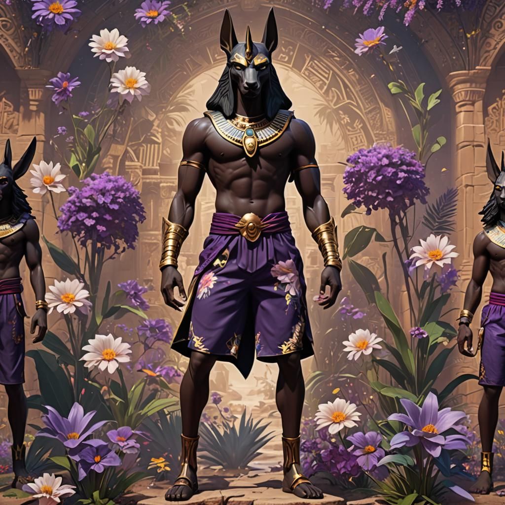 Anubis in Floral Boardshorts, Detailed Matte Painting