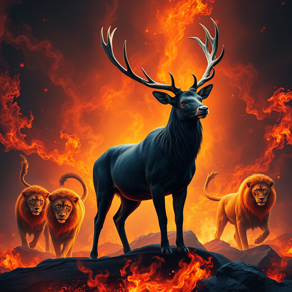 Night Stag Against Fire Lions in Dreamlike Landscape