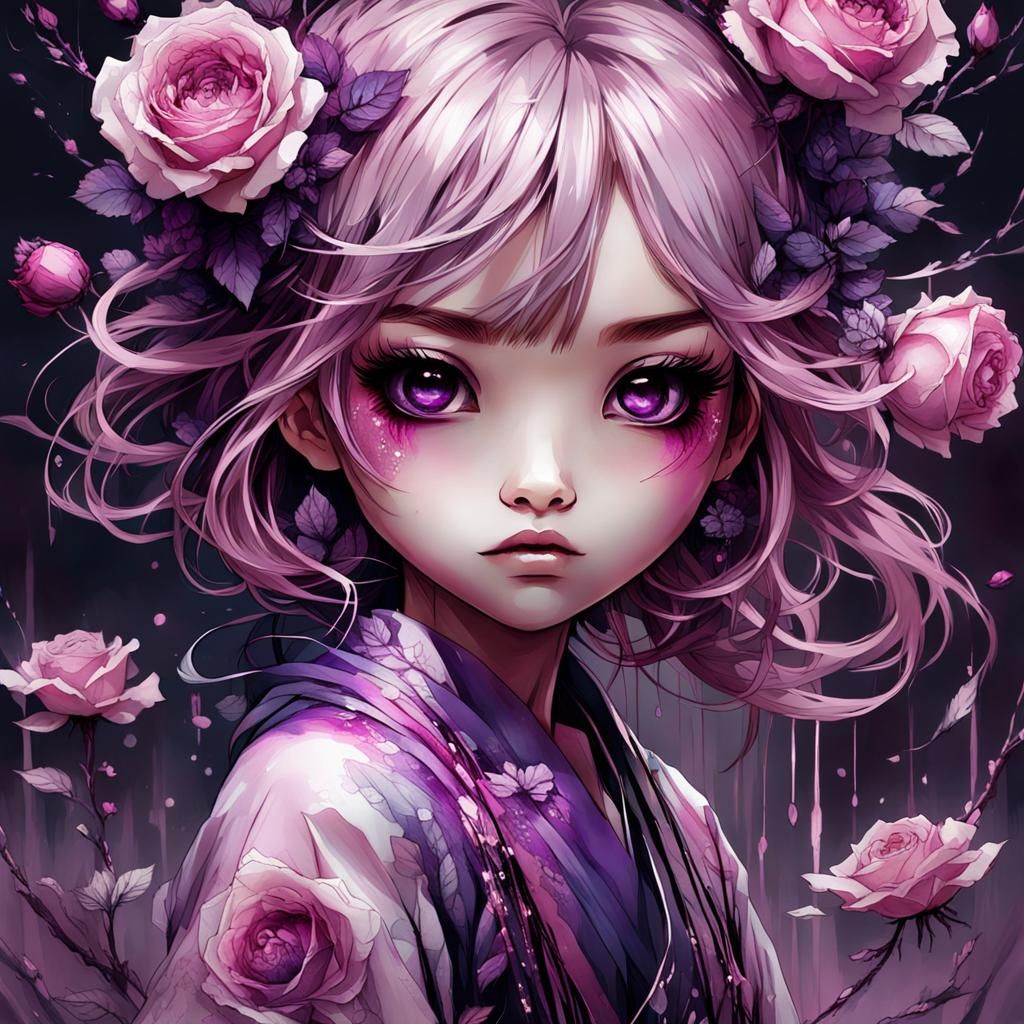 Expressive Chibi Girl with Roses in Ink Flow Style