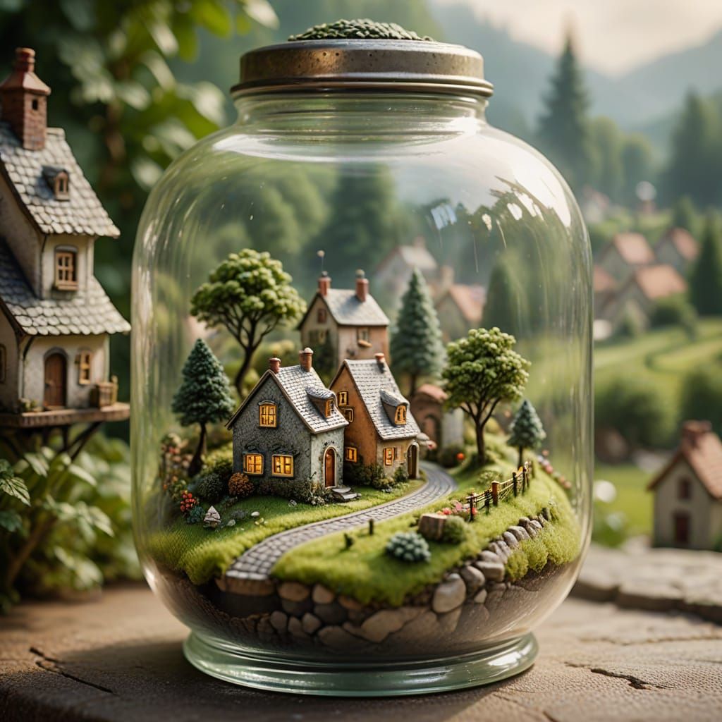 Miniature Village Inside Glass Jar: Whimsical Digital Art