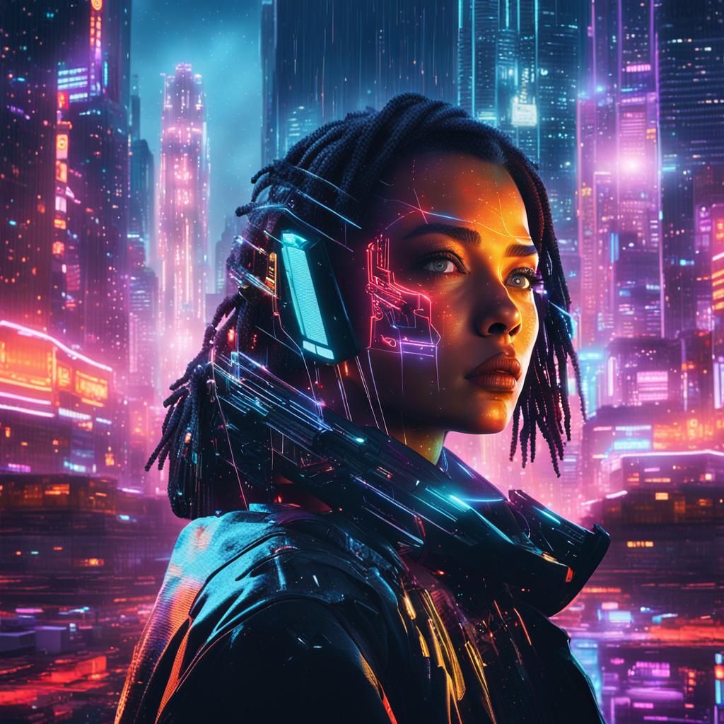 Sci-Fi Protagonist Double Exposure in Cyberpunk City