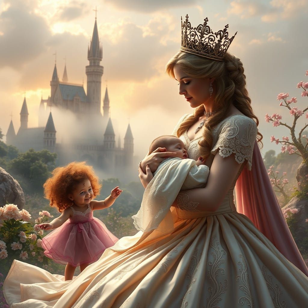 Regal Princess Watches Over Her Two Daughters in a Whimsical...