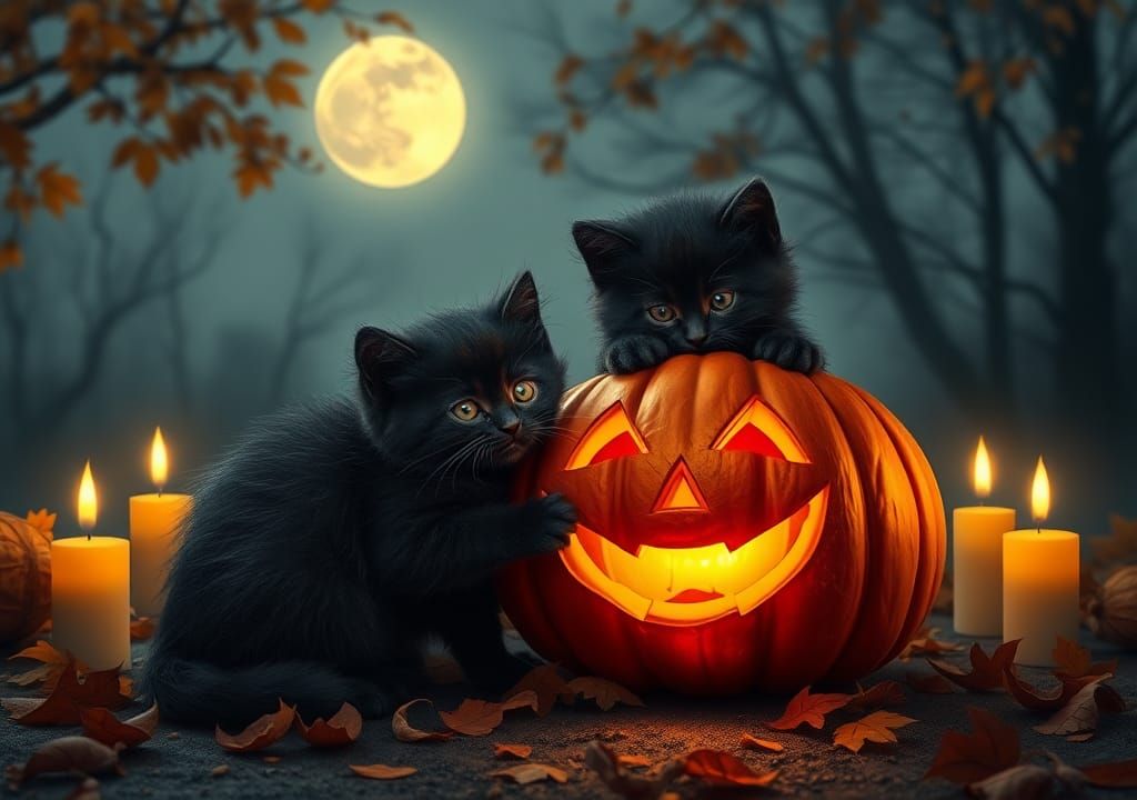 Black Kittens Carving Pumpkin on Halloween Night