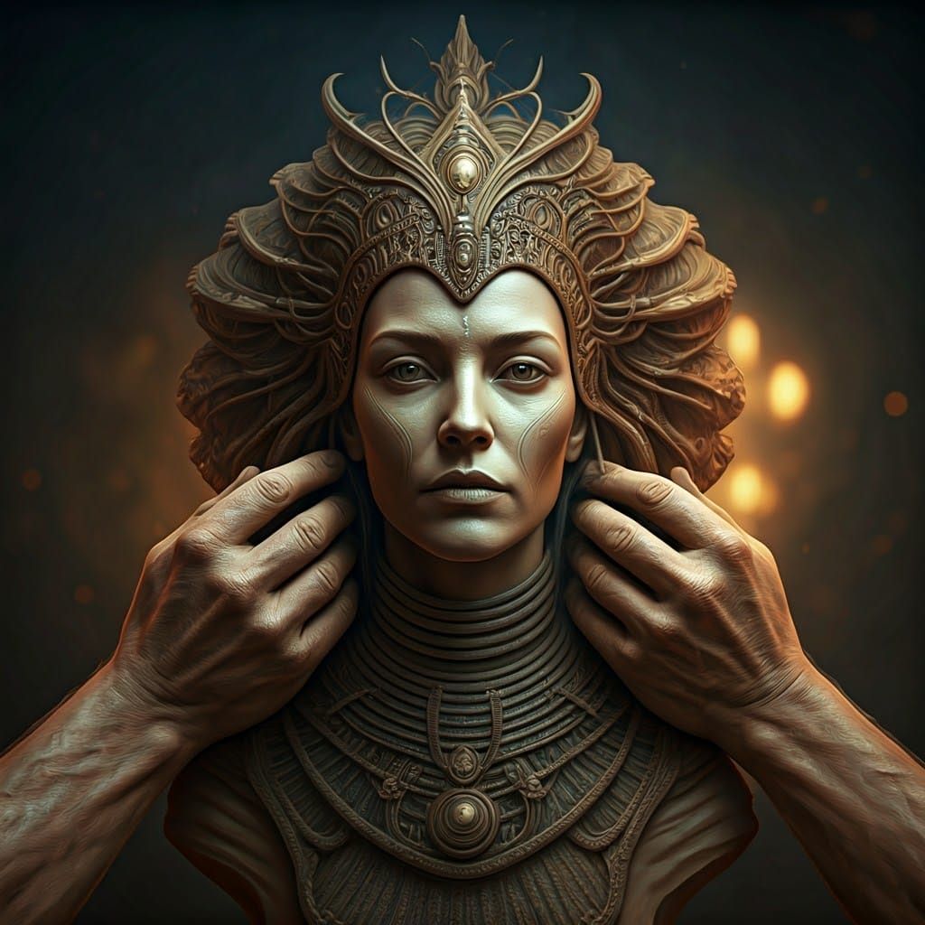 Strong Hands Shape Majestic Alien Sculpture in Vibrant Clay