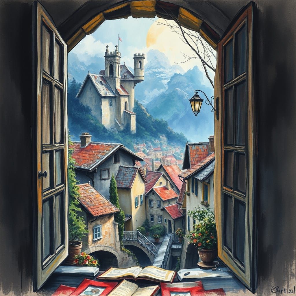 Village View Through Window in Gouache Style