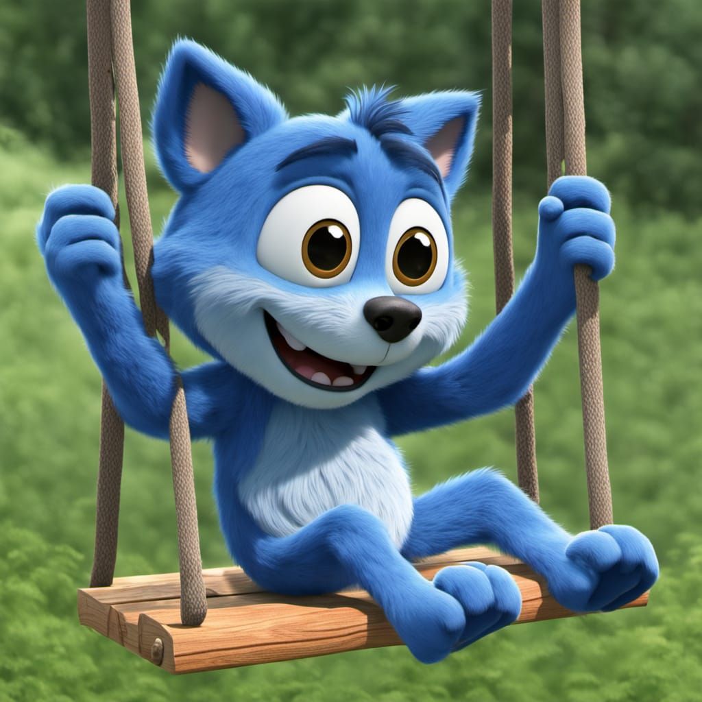 a real life Bluey for the cartoon series named Bluey, swing on a wood swing