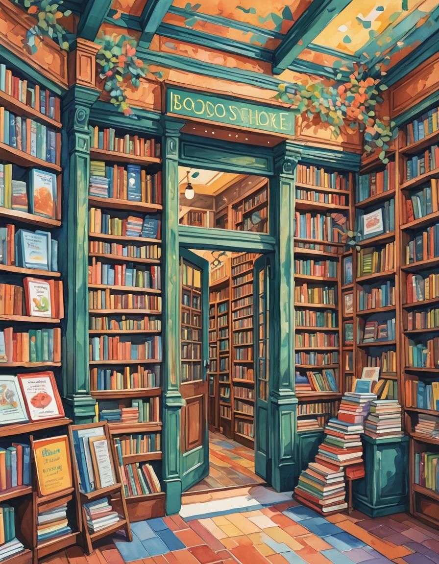 Colorful Bookstore Front in Gouache Style