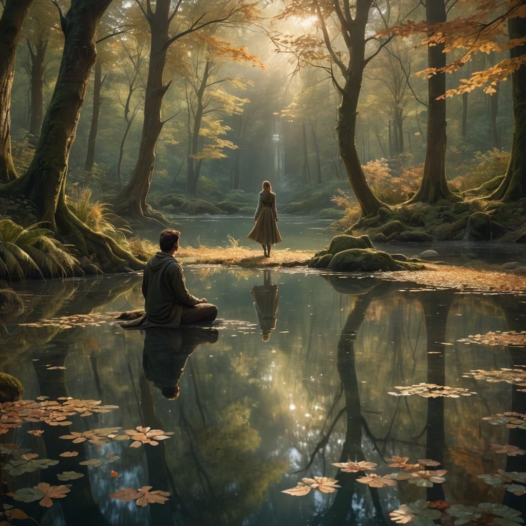 Forest Encounter: Woman by a Tranquil Pond
