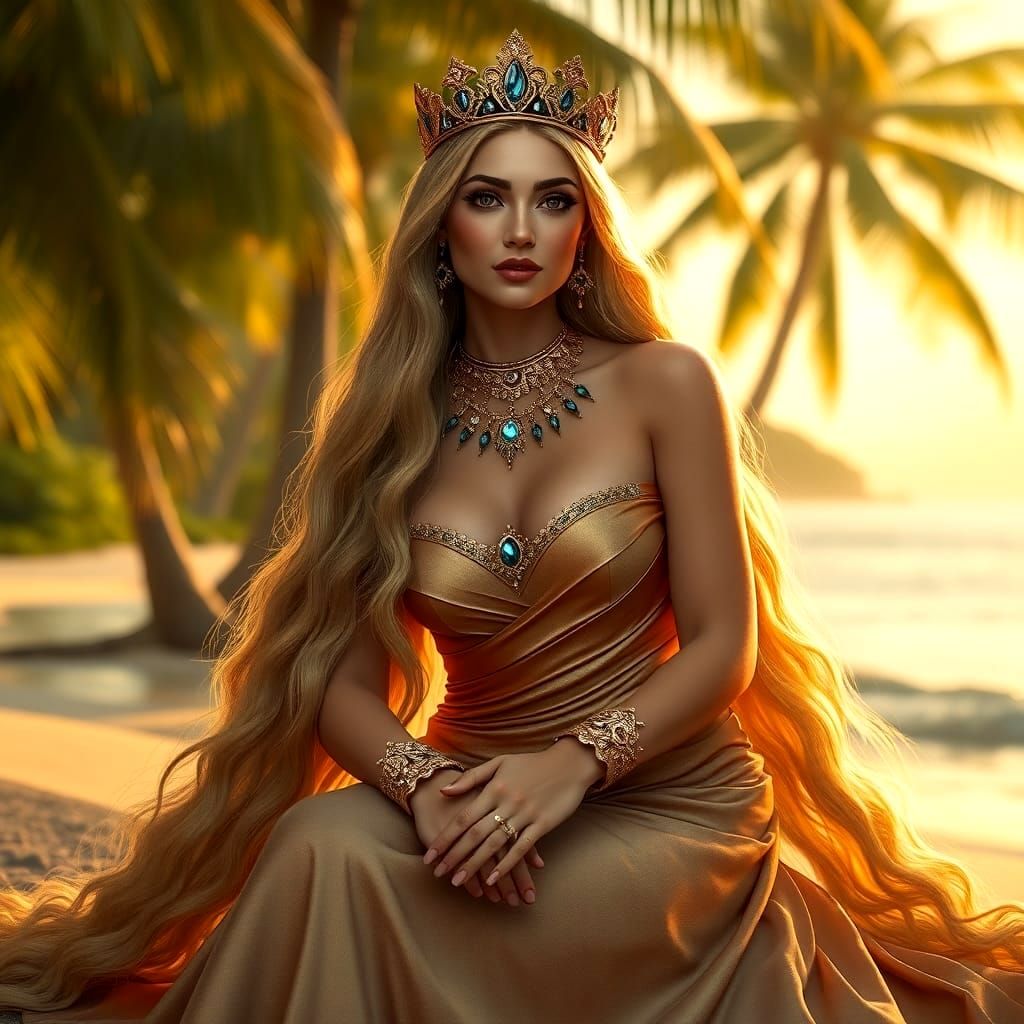 Goddess on a Tropical Beach in Art Nouveau Style