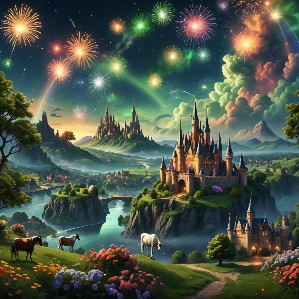 Magical Universe with Cities, Unicorns, and Castles