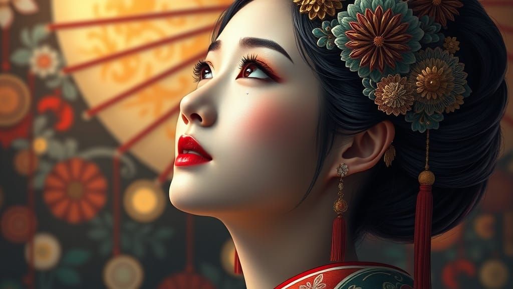 Asian Woman with Geisha Headdress in Hyperrealistic Style