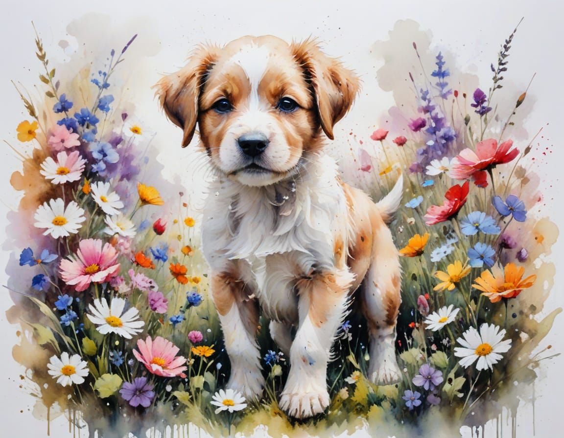 Playful Puppy in Flower Field, Watercolor Style
