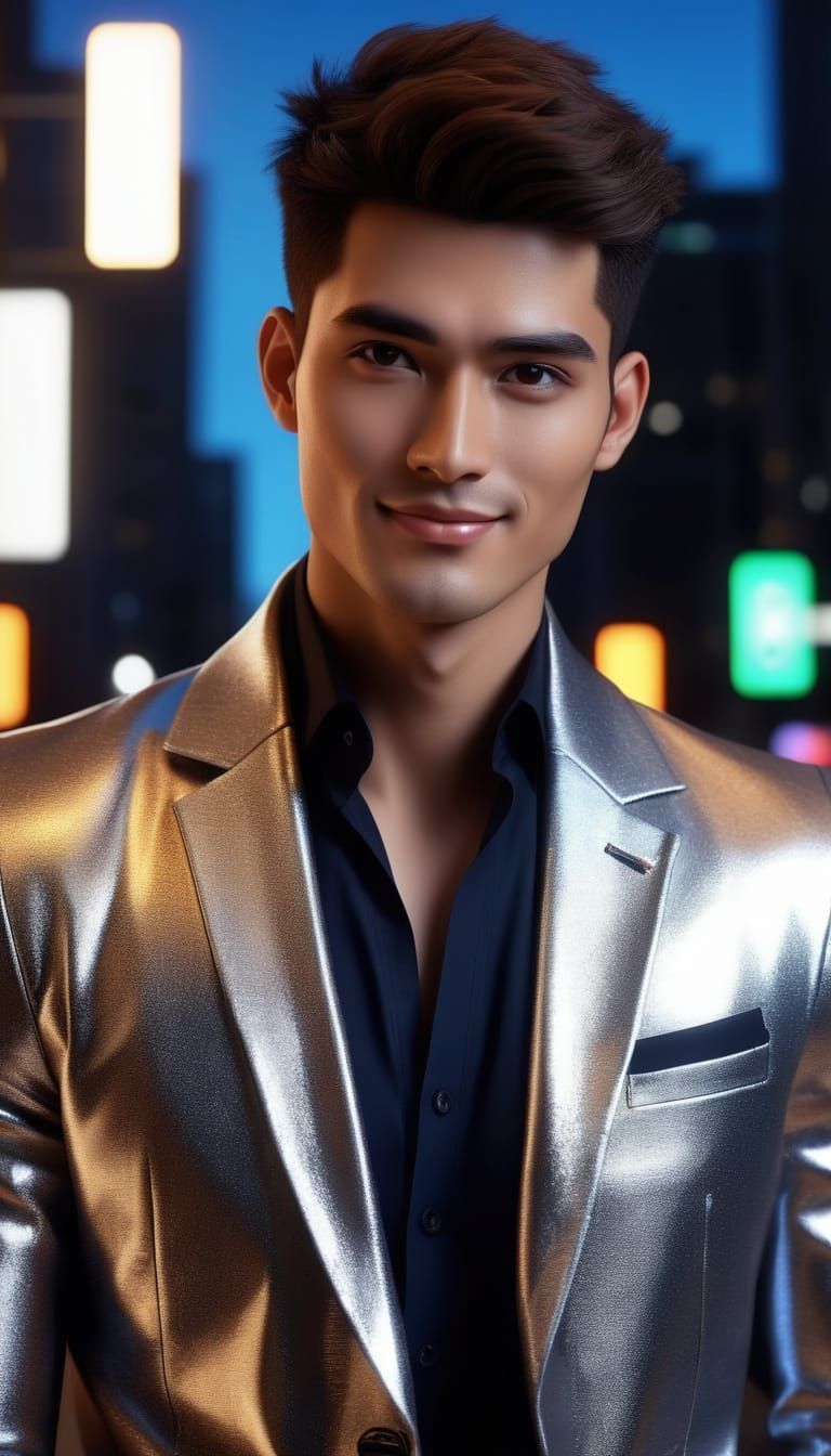 Confident Indonesian Male Model in Anime-Inspired Attire