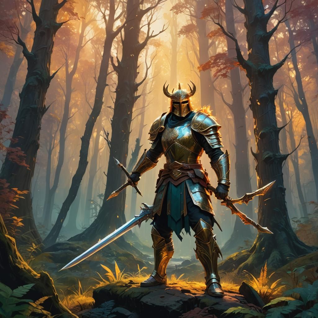 Mighty Warrior in Mystical Forest, Oil Painting