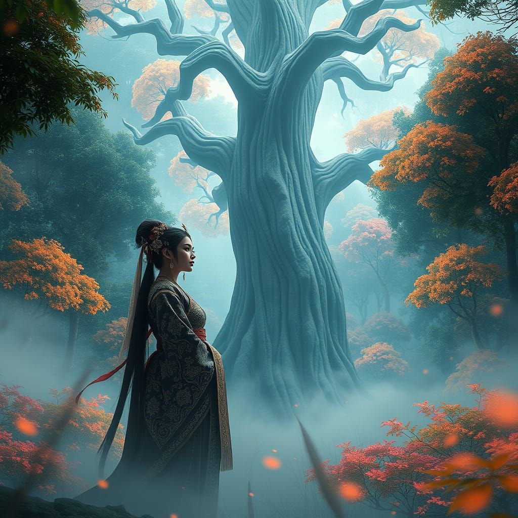 Ethereal Ainu Goddess in Misty Forest Landscape