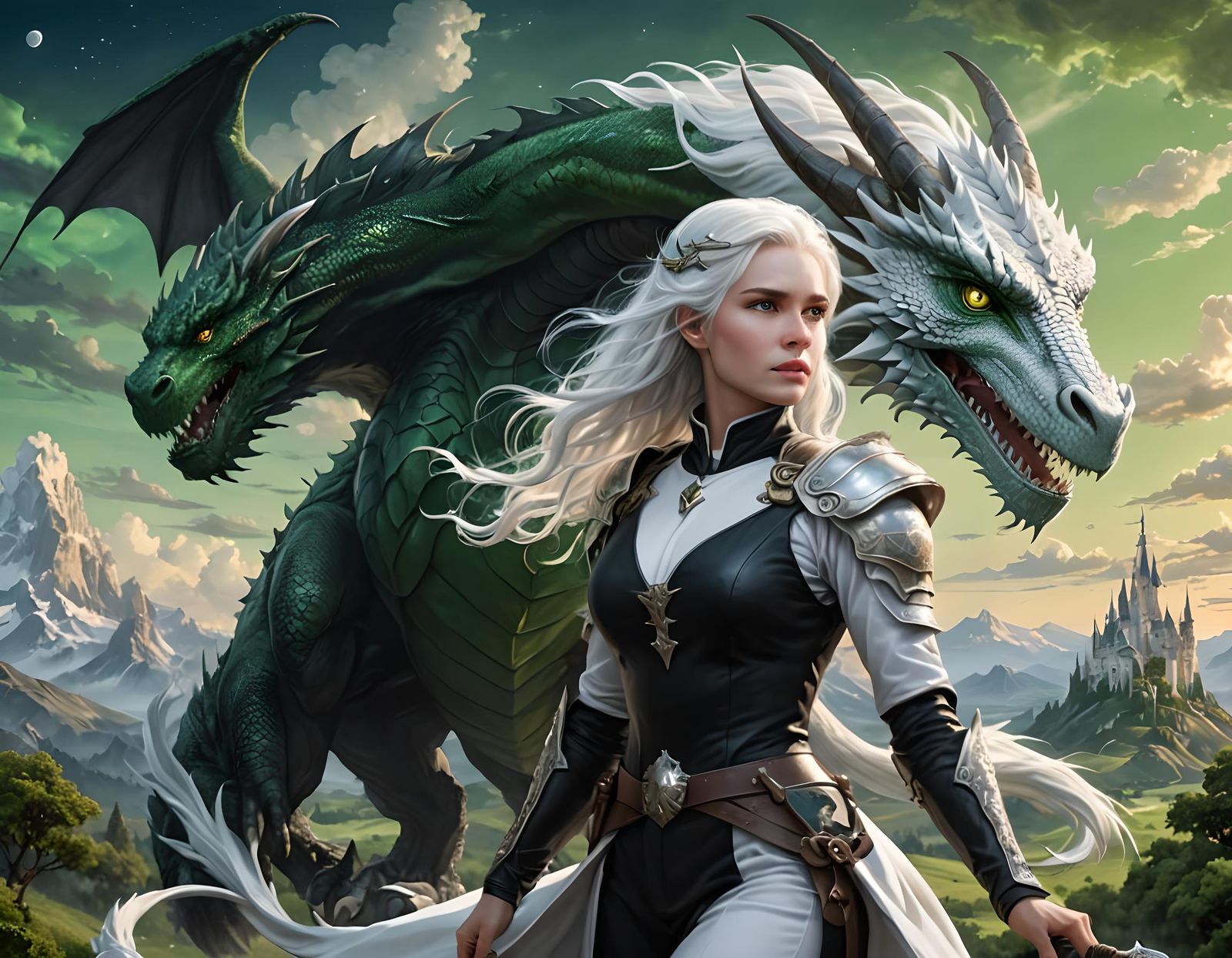 European Dragonrider on White Dragon in Fantasy Landscape