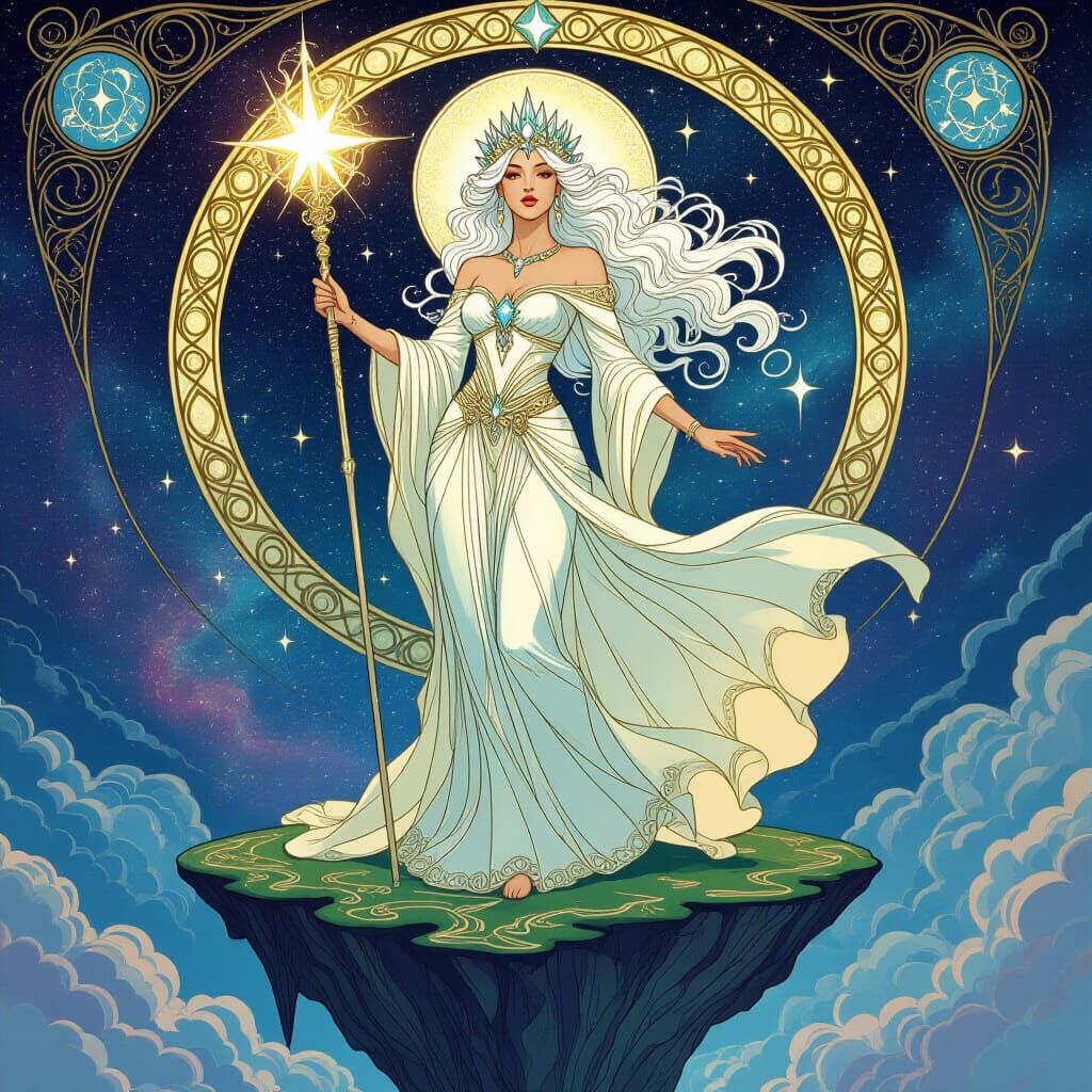 Goddess on Floating Island in Art Nouveau Style