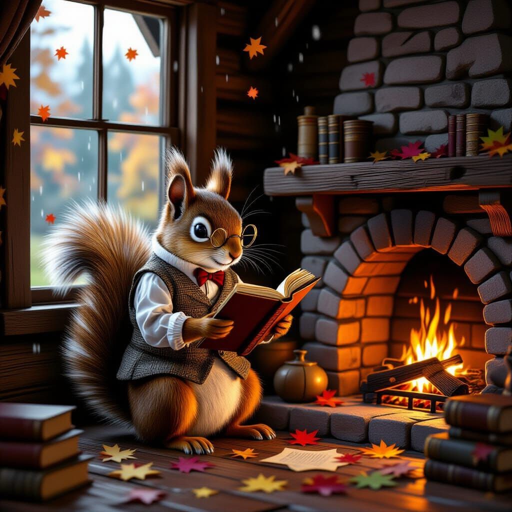 Whimsical Squirrel Scholar by Fireplace in Autumn Cabin