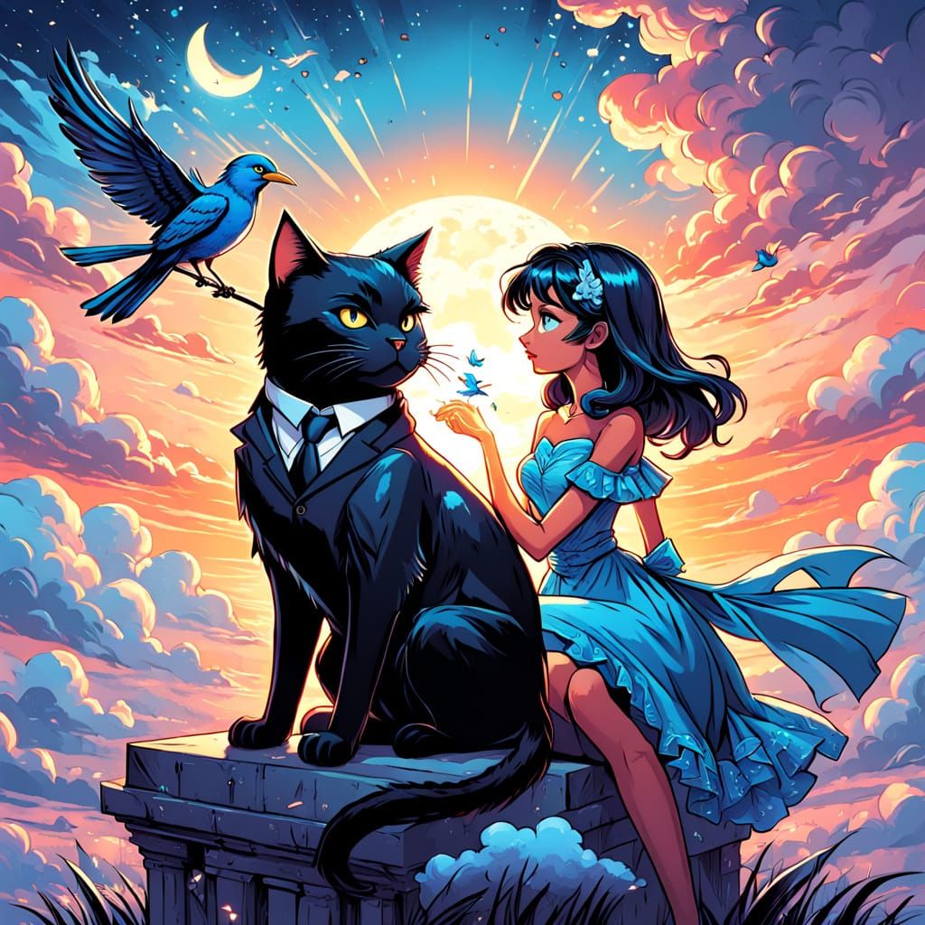 Dapper Cat and Bird on a Whimsical Cloudy Date