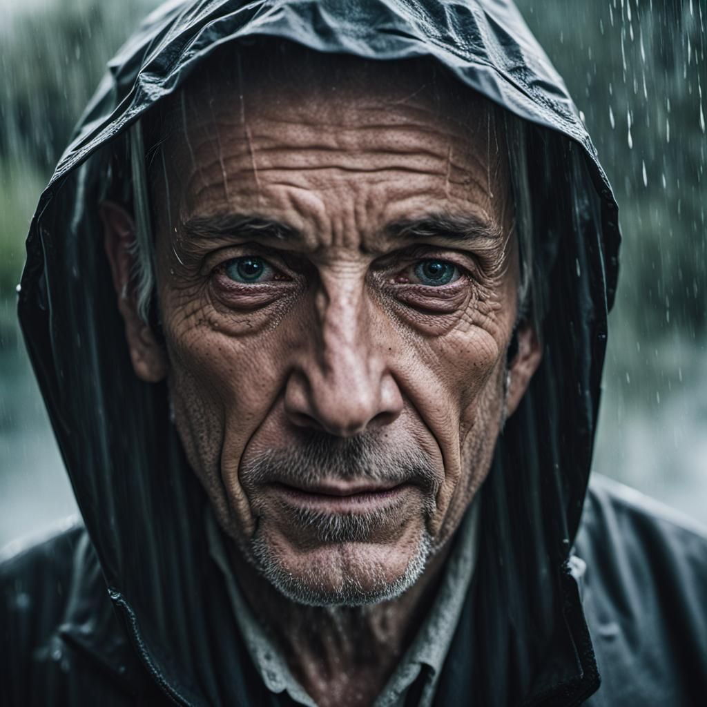 Man in Rain: Close-Up Portrait