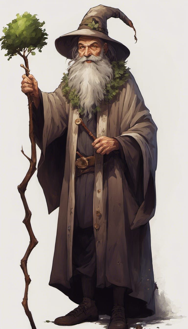 Eccentric Old Forest Magician with Leafy Beard
