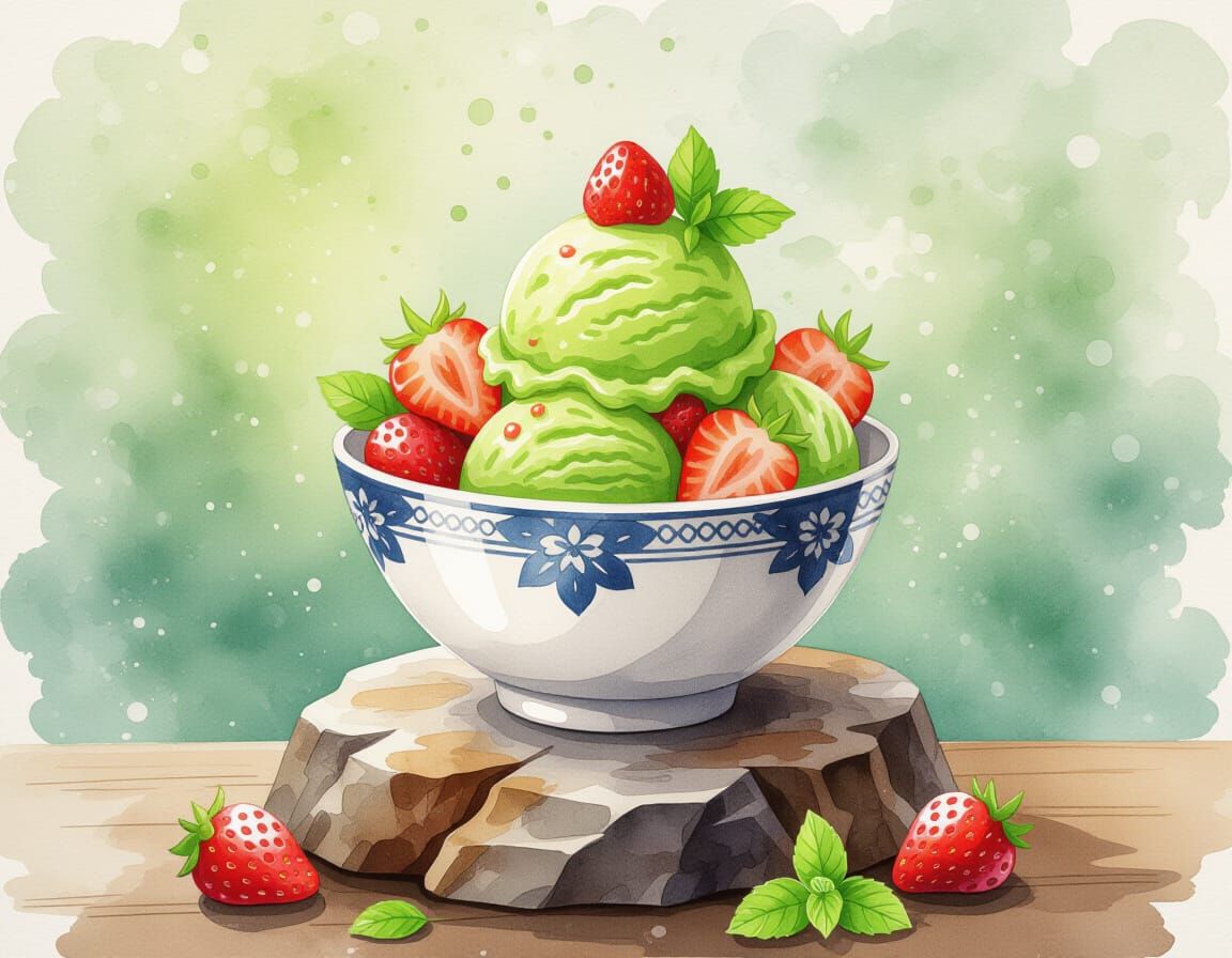 Exotic Matcha Strawberry Ice Cream Watercolor Art
