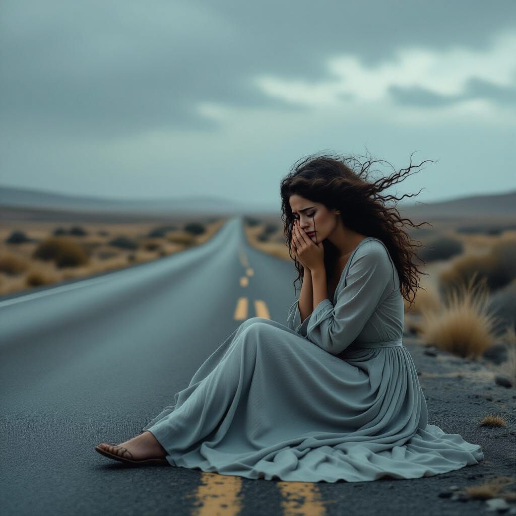 Sad Woman by Deserted Road in Digital Art Style