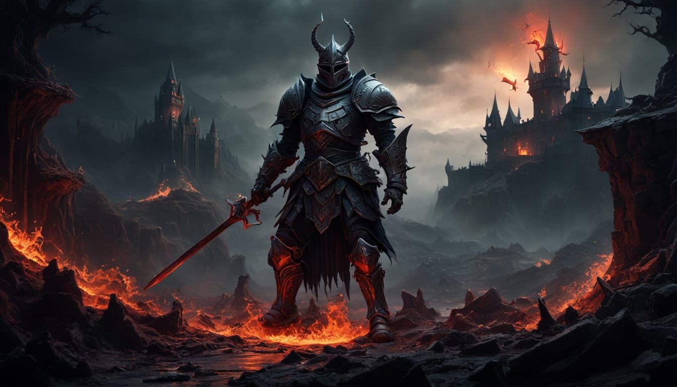 Fantastical Knight in Deep, Vibrant Hellscapes