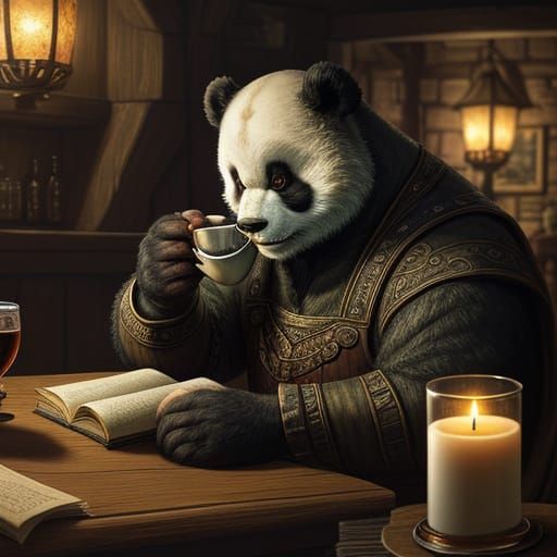 Panda in Tavern: Painterly Fantasy Scene