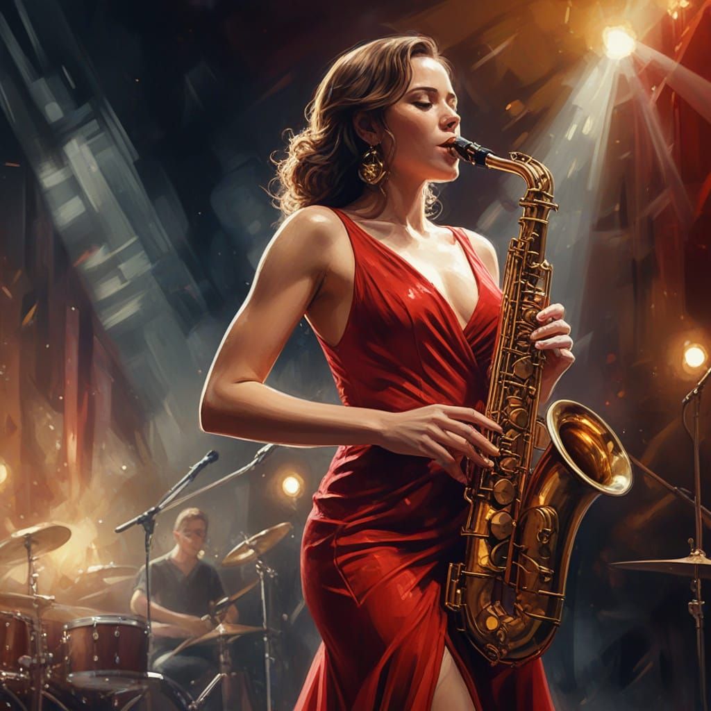 Woman in Red Dress Plays Saxophone: Jazz Illustration