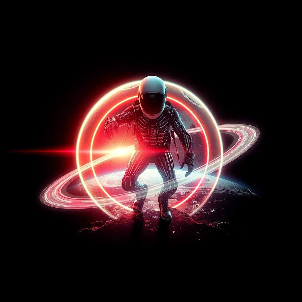 Alien Space Explorer Enters Cosmic Gas Giant with Neon Rings