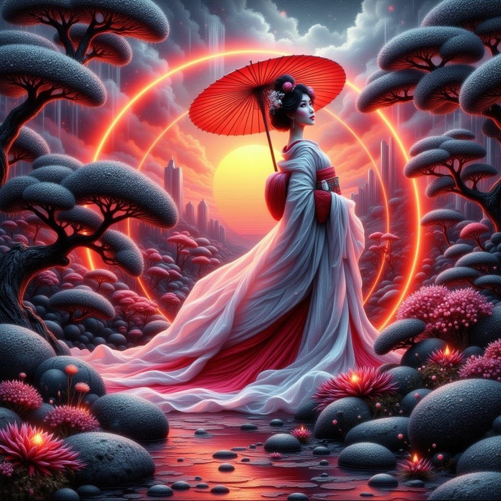 Vintage Japanese Geisha in a Moody, Neon-Lit Garden