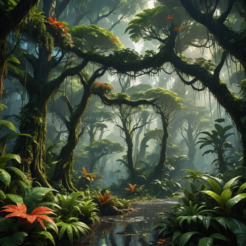 Lush Rainforest Canopy: Detailed Fantasy Matte Painting