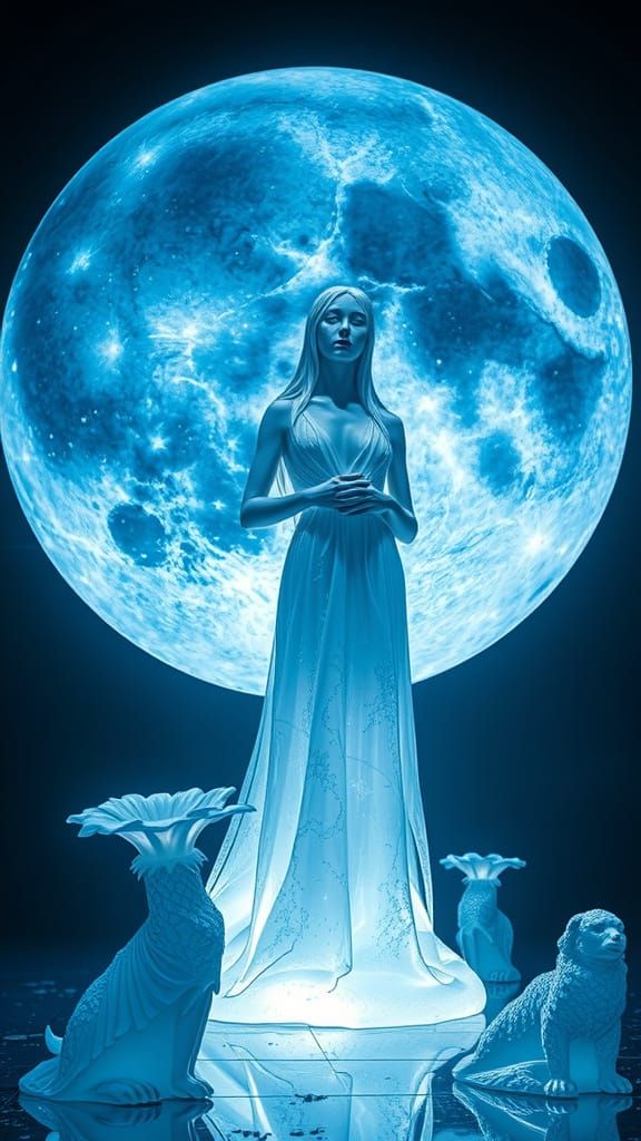 Translucent Moon with Frozen Lilies: Surreal Art