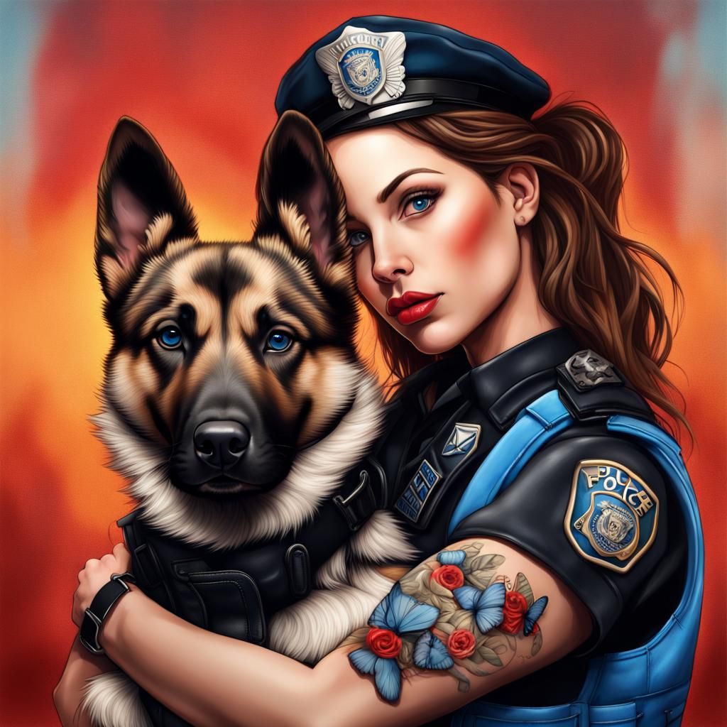 FBI Agent and K9 Puppy Portrait in Splash Art Style